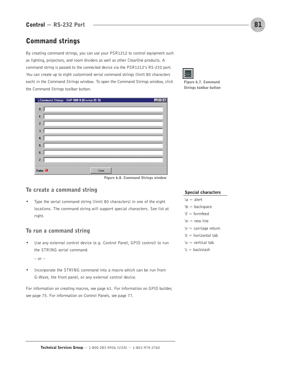 Command strings, Control ~ rs-232 port | ClearOne comm PSR1212 User Manual | Page 87 / 145