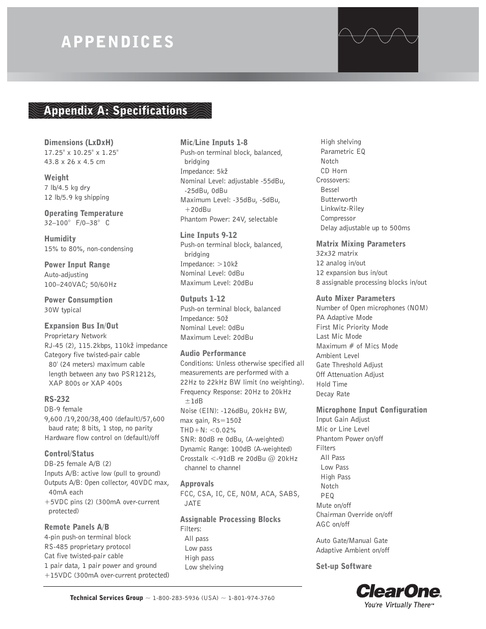 Appendices, Appendix a: specifications | ClearOne comm PSR1212 User Manual | Page 89 / 145