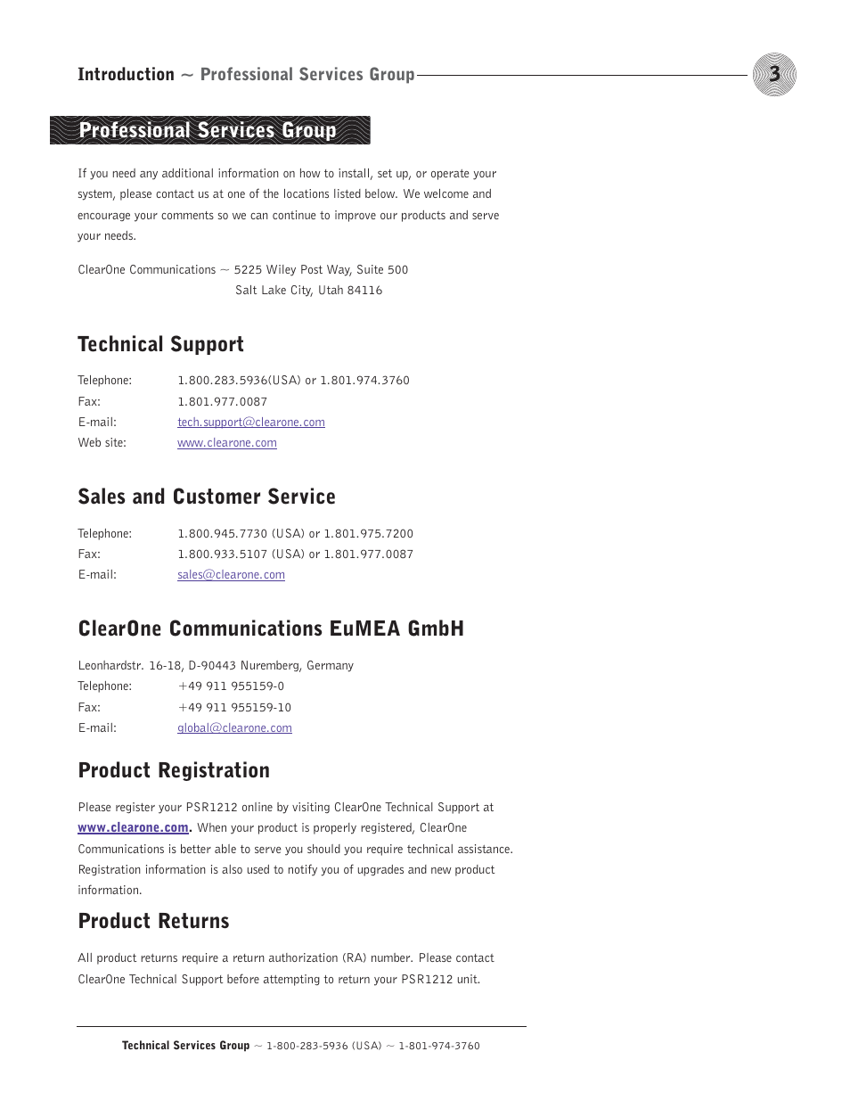 Professional services group, Technical support, Sales and customer service | Clearone communications eumea gmbh, Product registration, Product returns | ClearOne comm PSR1212 User Manual | Page 9 / 145