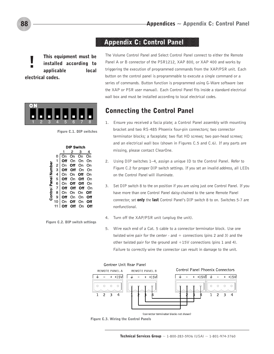 Appendix c: control panel, Connecting the control panel | ClearOne comm PSR1212 User Manual | Page 94 / 145