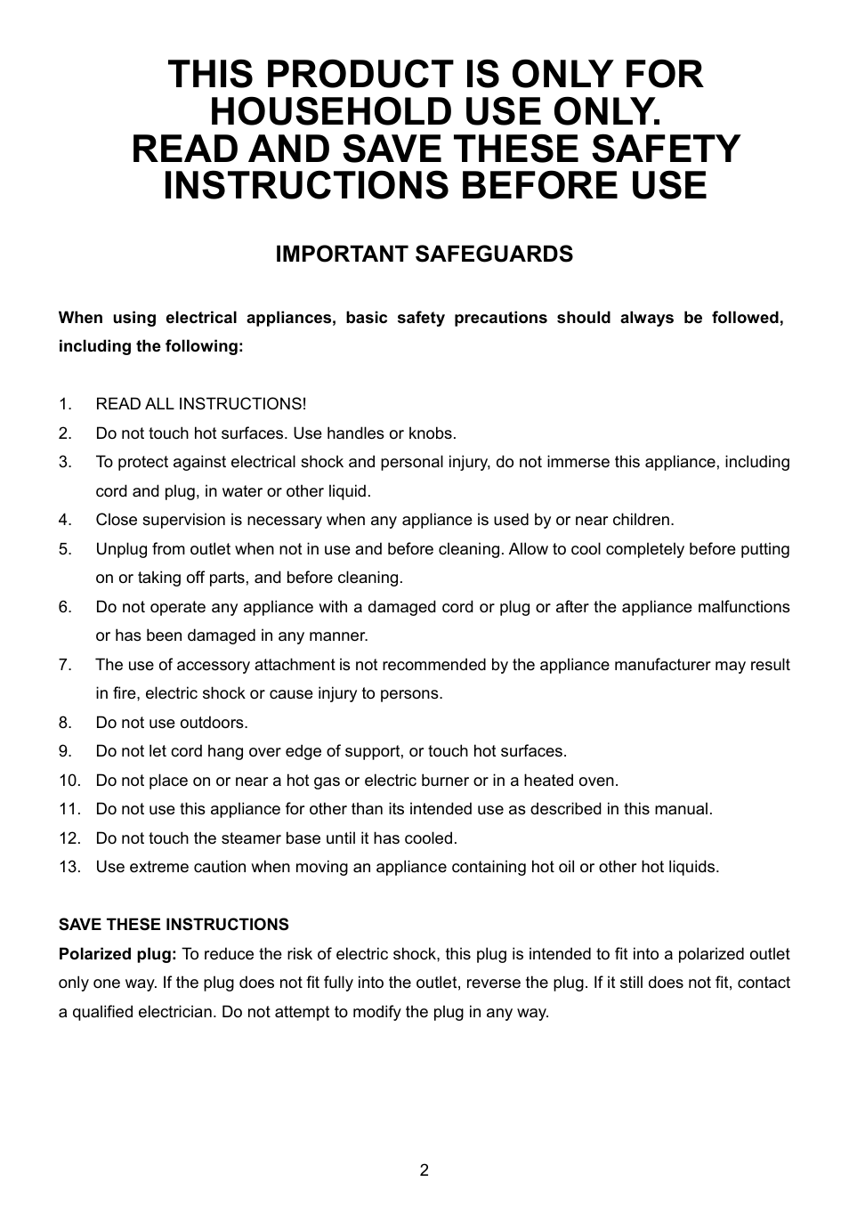 Read and save these safety instructions before use, Important safeguards, Save these instructions | E-Ware EW-92214B User Manual | Page 2 / 7