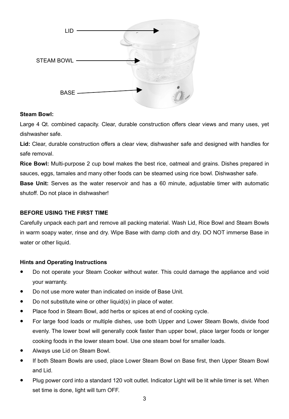 Before using the first time, Hints and operating instructions | E-Ware EW-92214B User Manual | Page 3 / 7