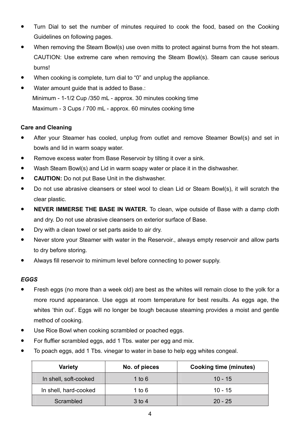 Care and cleaning, Eggs, No. of pieces | E-Ware EW-92214B User Manual | Page 4 / 7