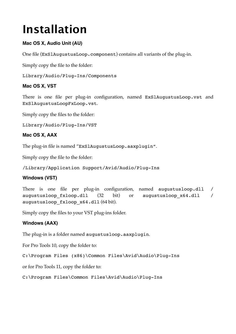 Installation, Mac os x, audio unit (au), Mac os x, vst | Mac os x, aax, Windows (vst), Windows (aax) | Expert Sleepers Augustus Loop v2.4.1 User Manual | Page 14 / 78