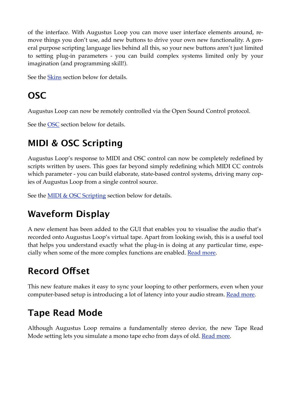 Midi & osc scripting, Waveform display, Record offset | Tape read mode | Expert Sleepers Augustus Loop v2.4.1 User Manual | Page 18 / 78