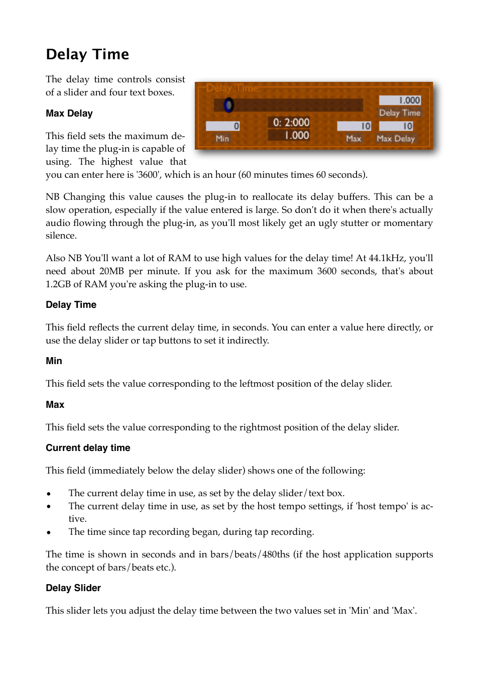 Delay time, Max delay, Current delay time | Delay slider | Expert Sleepers Augustus Loop v2.4.1 User Manual | Page 22 / 78