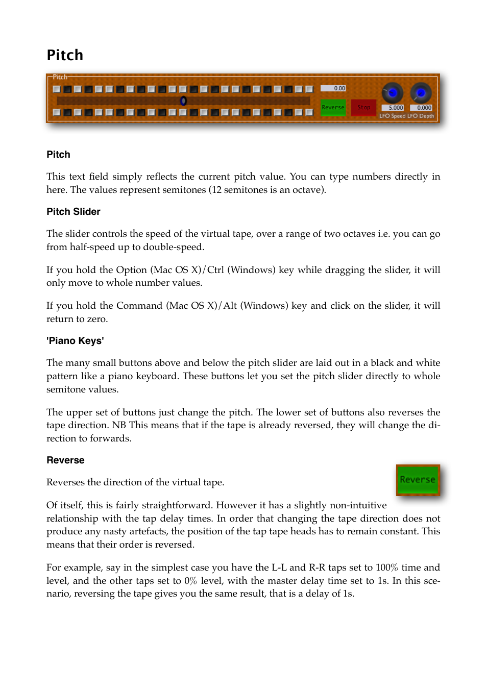 Pitch, Pitch slider, Piano keys | Reverse | Expert Sleepers Augustus Loop v2.4.1 User Manual | Page 24 / 78