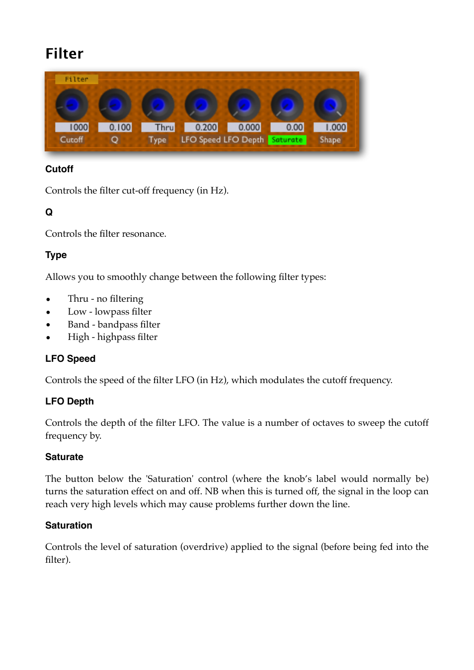Filter, Cutoff, Type | Lfo speed, Lfo depth, Saturate, Saturation | Expert Sleepers Augustus Loop v2.4.1 User Manual | Page 26 / 78