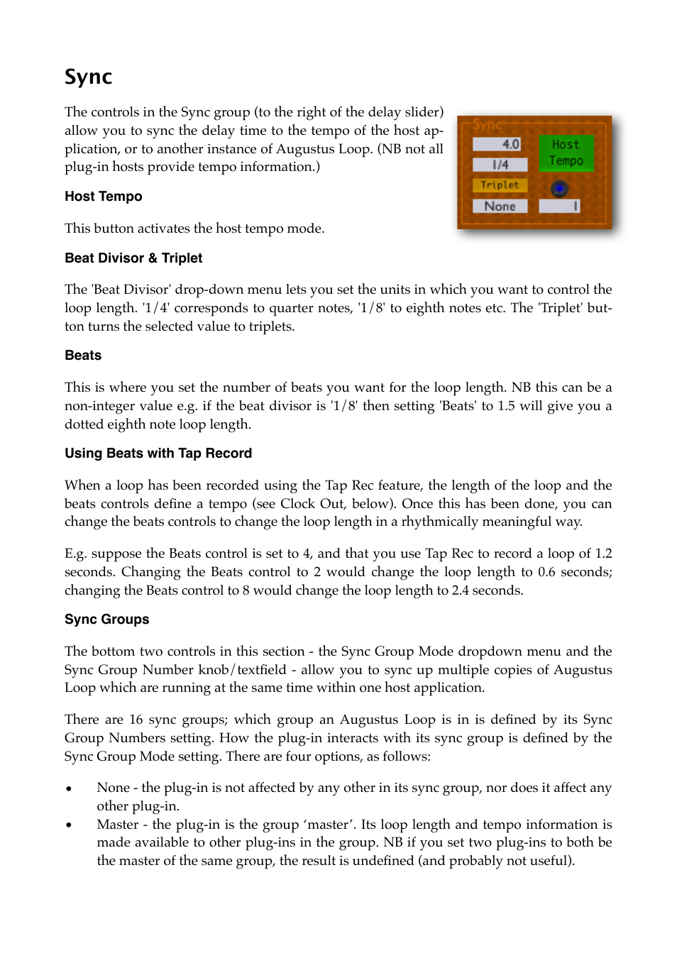 Sync, Host tempo, Beat divisor & triplet | Beats, Using beats with tap record, Sync groups, Read more | Expert Sleepers Augustus Loop v2.4.1 User Manual | Page 28 / 78