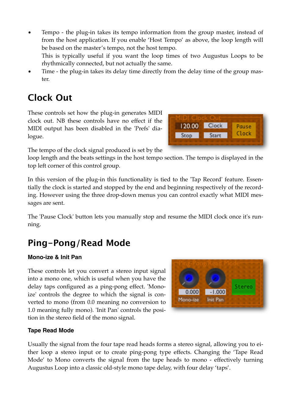 Clock out, Ping-pong/read mode, Mono-ize & init pan | Tape read mode, Read more | Expert Sleepers Augustus Loop v2.4.1 User Manual | Page 29 / 78