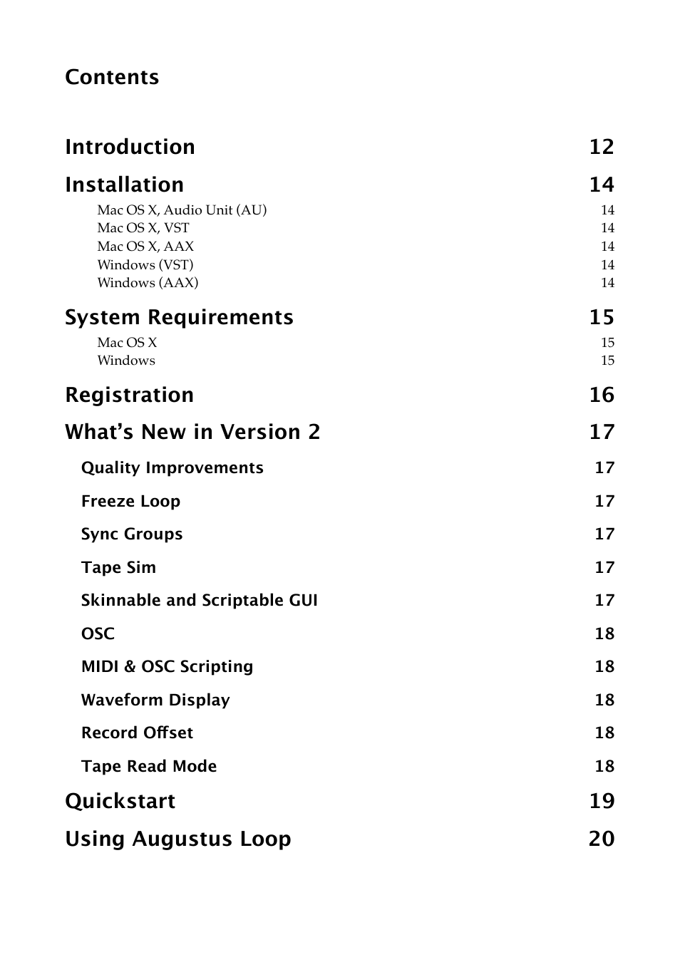 Contents introduction 12 installation 14, System requirements 15, Quickstart 19 using augustus loop 20 | Expert Sleepers Augustus Loop v2.4.1 User Manual | Page 3 / 78