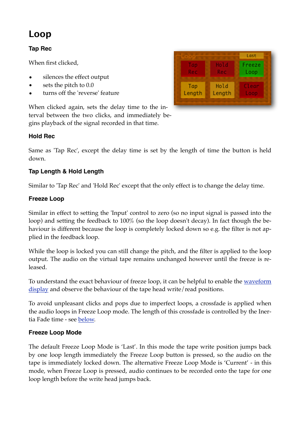 Loop, Tap rec, Hold rec | Tap length & hold length, Freeze loop, Freeze loop mode, Read more | Expert Sleepers Augustus Loop v2.4.1 User Manual | Page 31 / 78
