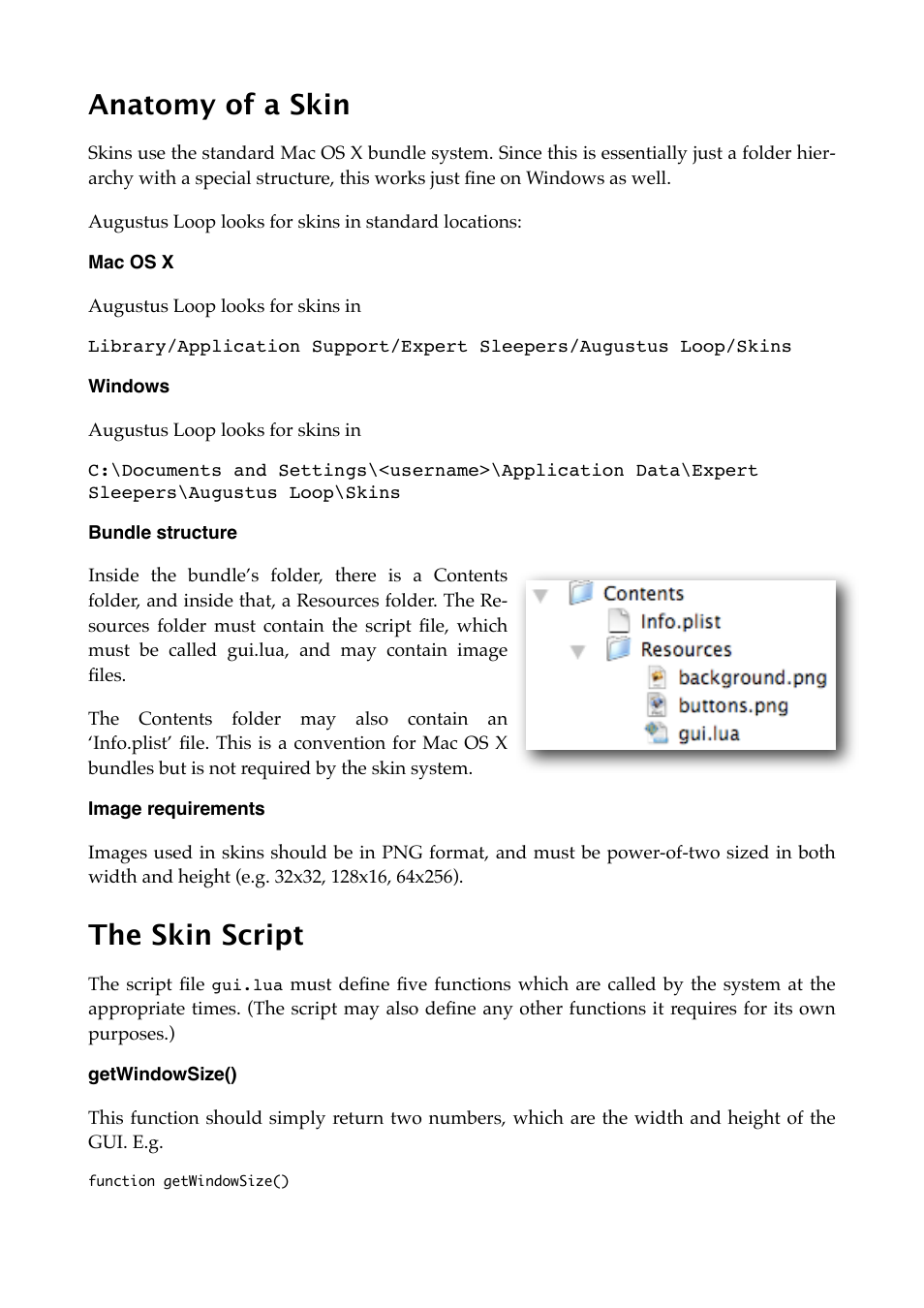 Anatomy of a skin, Mac os x, Windows | Bundle structure, Image requirements, The skin script, Getwindowsize() | Expert Sleepers Augustus Loop v2.4.1 User Manual | Page 43 / 78