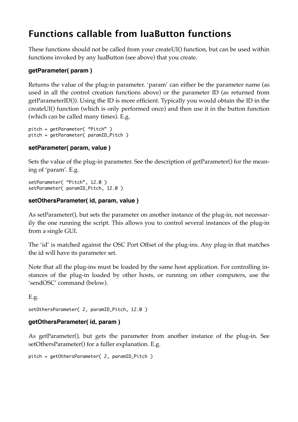 Functions callable from luabutton functions, Getparameter( param ), Setparameter( param, value ) | Setothersparameter( id, param, value ), Getothersparameter( id, param ) | Expert Sleepers Augustus Loop v2.4.1 User Manual | Page 52 / 78