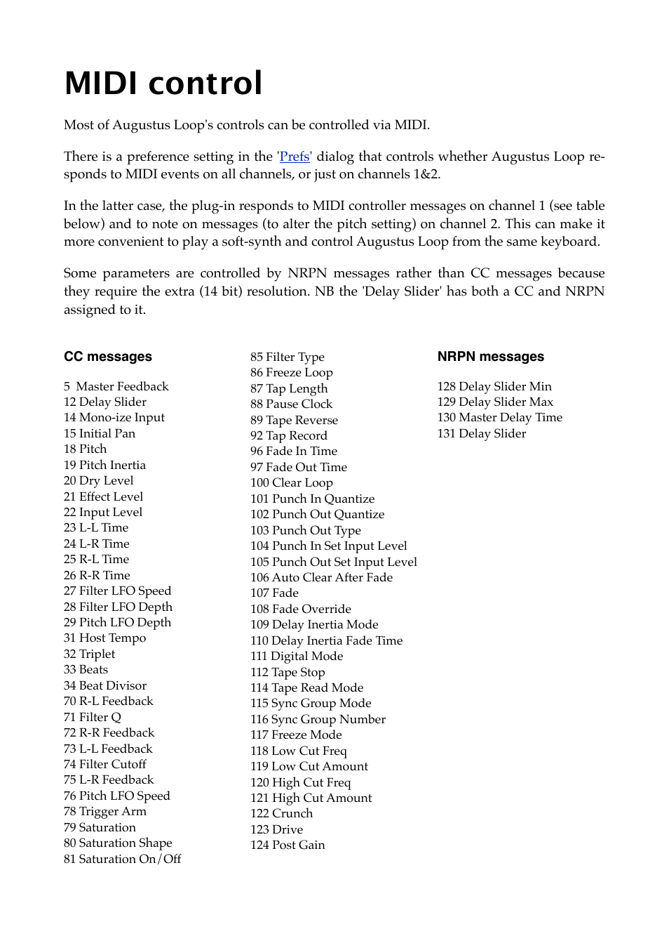 Midi control, Cc messages, Nrpn messages | Below | Expert Sleepers Augustus Loop v2.4.1 User Manual | Page 55 / 78