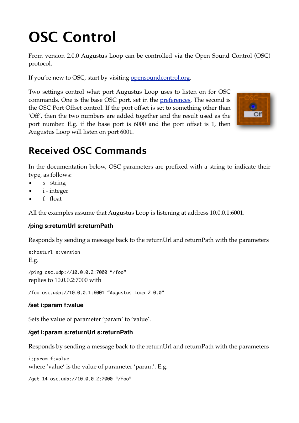 Osc control, Received osc commands, Ping s:returnurl s:returnpath | Set i:param f:value, Get i:param s:returnurl s:returnpath, Below | Expert Sleepers Augustus Loop v2.4.1 User Manual | Page 56 / 78