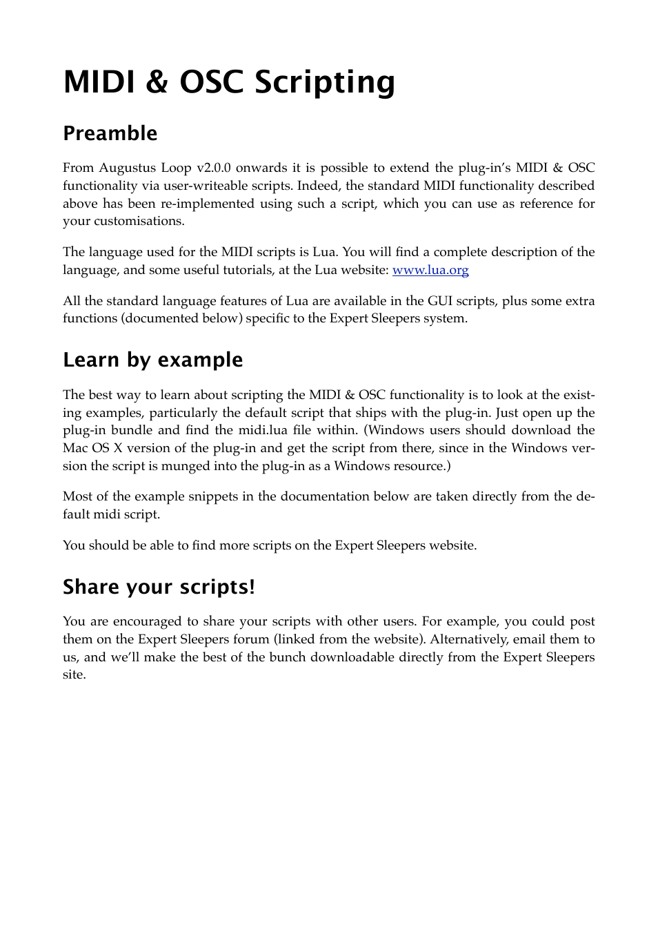 Midi & osc scripting, Preamble, Learn by example | Share your scripts | Expert Sleepers Augustus Loop v2.4.1 User Manual | Page 59 / 78