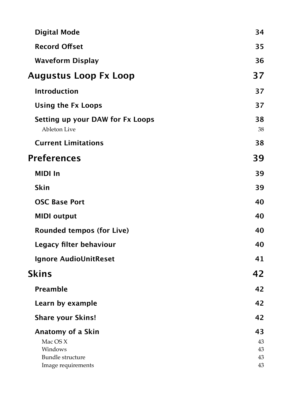 Augustus loop fx loop 37, Preferences 39, Skins 42 | Expert Sleepers Augustus Loop v2.4.1 User Manual | Page 6 / 78