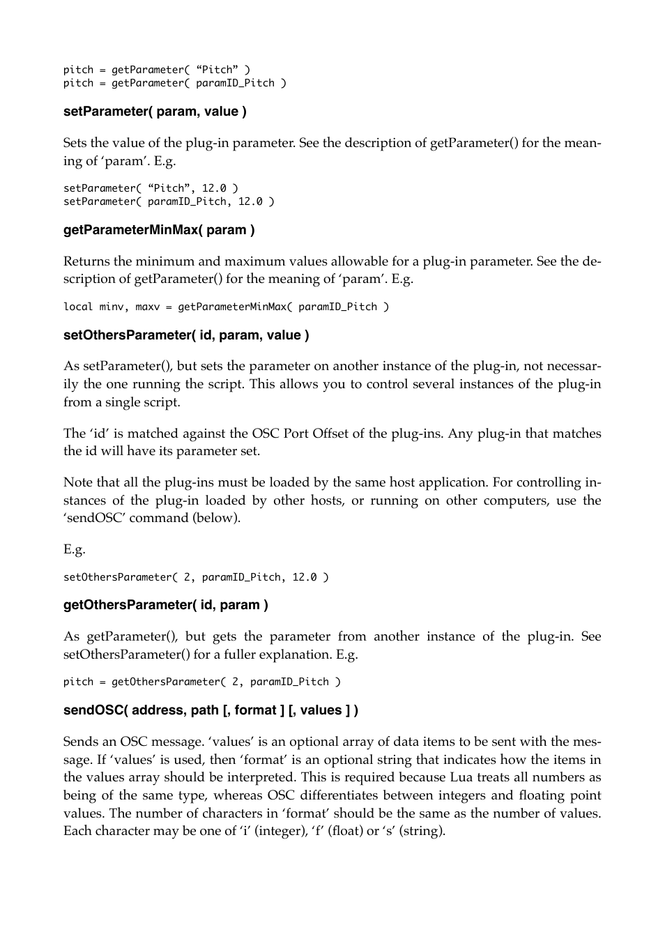 Setparameter( param, value ), Getparameterminmax( param ), Setothersparameter( id, param, value ) | Getothersparameter( id, param ), Sendosc( address, path [, format ] [, values ] ) | Expert Sleepers Augustus Loop v2.4.1 User Manual | Page 61 / 78
