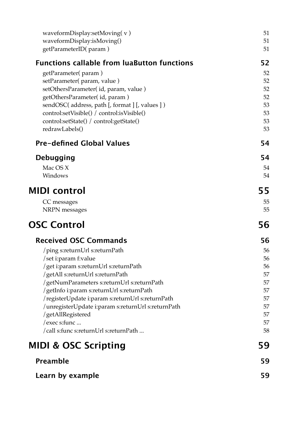 Midi control 55, Osc control 56, Midi & osc scripting 59 | Expert Sleepers Augustus Loop v2.4.1 User Manual | Page 8 / 78