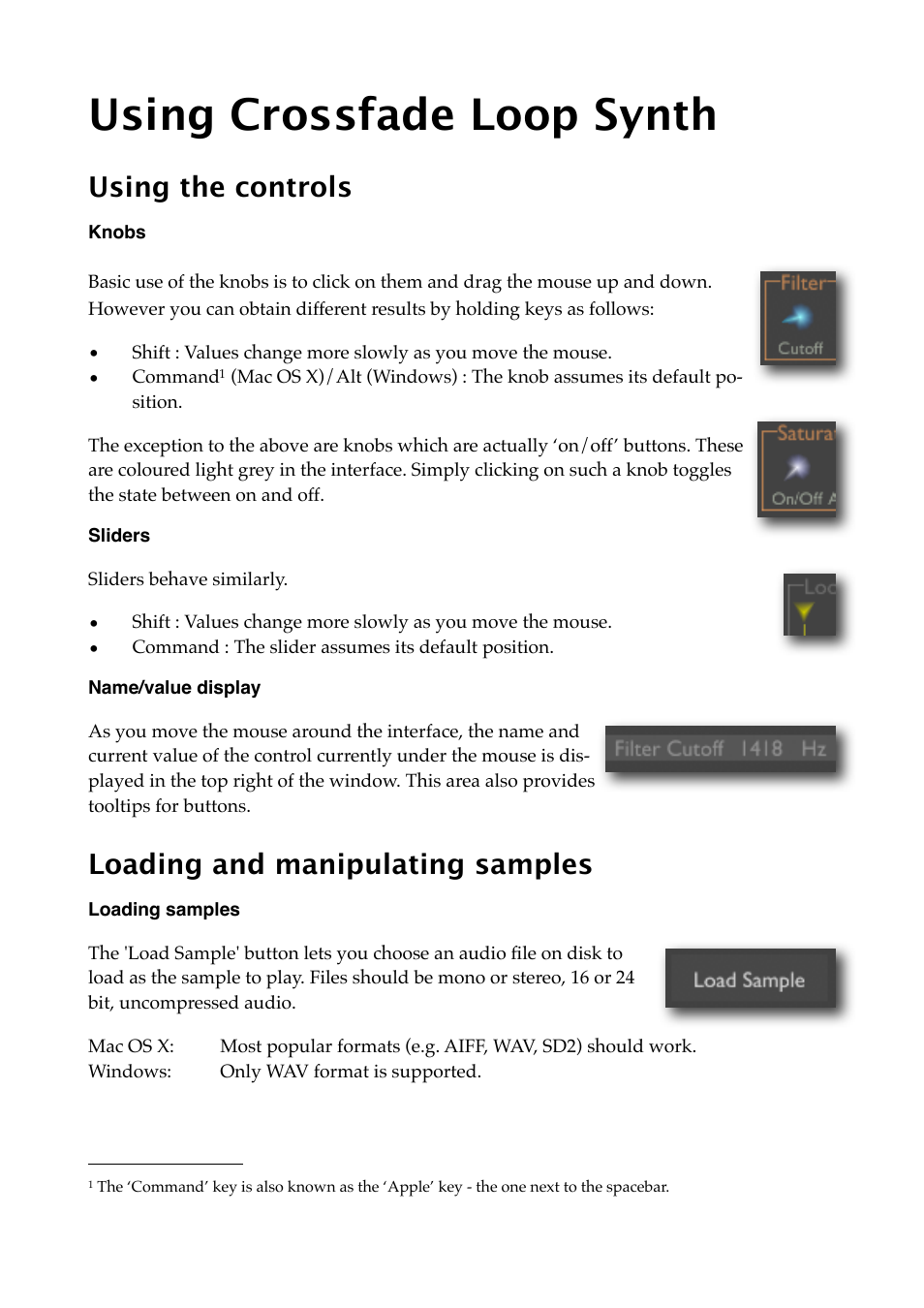 Using crossfade loop synth, Using the controls, Knobs | Sliders, Name/value display, Loading and manipulating samples, Loading samples | Expert Sleepers Crossfade Loop Synth v3.2.0 User Manual | Page 10 / 38