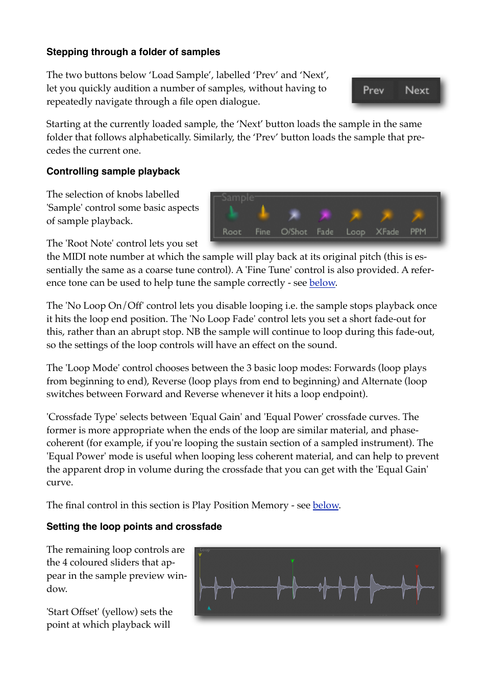 Stepping through a folder of samples, Controlling sample playback, Setting the loop points and crossfade | Expert Sleepers Crossfade Loop Synth v3.2.0 User Manual | Page 11 / 38