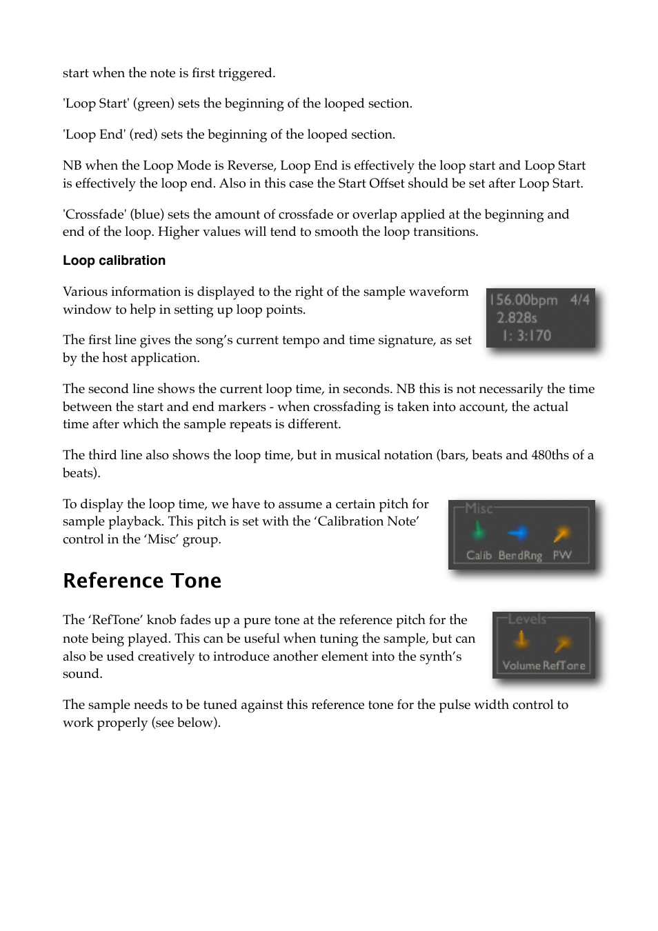 Loop calibration, Reference tone, Below | Expert Sleepers Crossfade Loop Synth v3.2.0 User Manual | Page 12 / 38