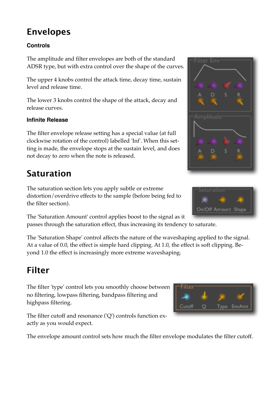 Envelopes, Controls, Infinite release | Saturation, Filter | Expert Sleepers Crossfade Loop Synth v3.2.0 User Manual | Page 13 / 38