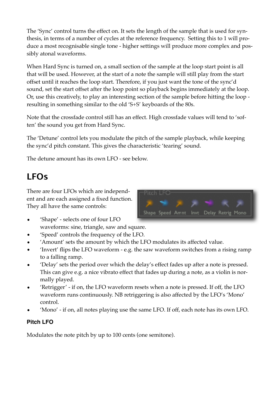 Lfos, Pitch lfo | Expert Sleepers Crossfade Loop Synth v3.2.0 User Manual | Page 15 / 38
