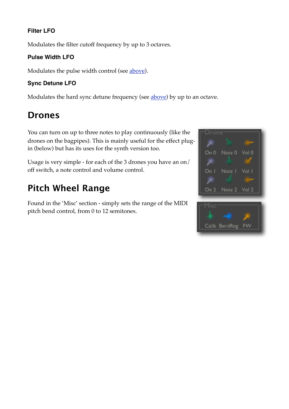 Filter lfo, Pulse width lfo, Sync detune lfo | Drones, Pitch wheel range | Expert Sleepers Crossfade Loop Synth v3.2.0 User Manual | Page 16 / 38