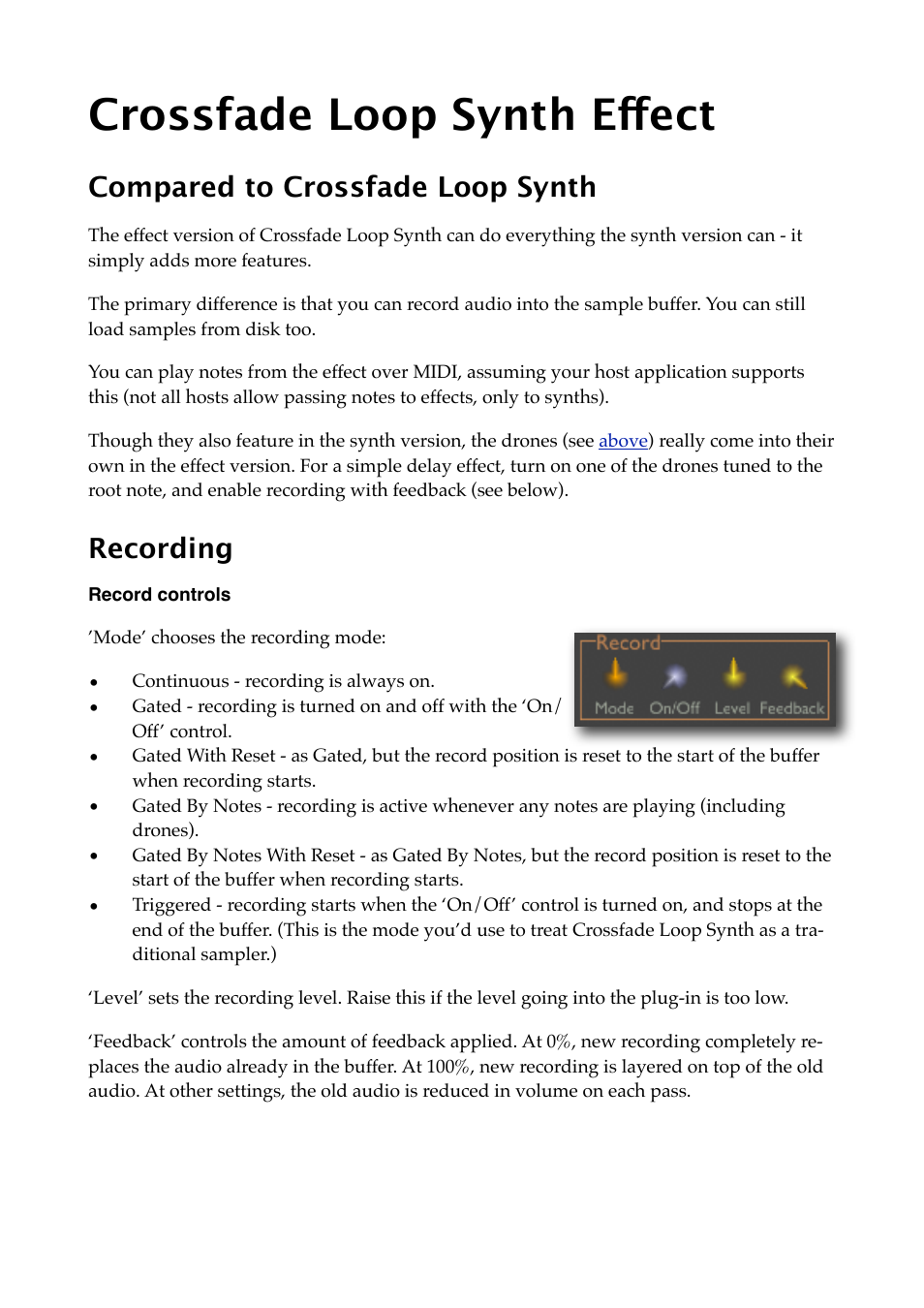 Crossfade loop synth effect, Compared to crossfade loop synth, Recording | Record controls | Expert Sleepers Crossfade Loop Synth v3.2.0 User Manual | Page 17 / 38