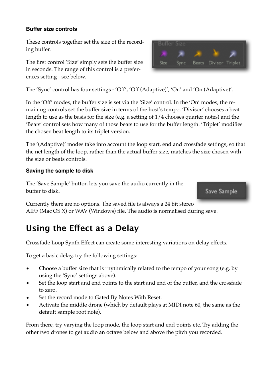 Buffer size controls, Saving the sample to disk, Using the effect as a delay | Expert Sleepers Crossfade Loop Synth v3.2.0 User Manual | Page 18 / 38