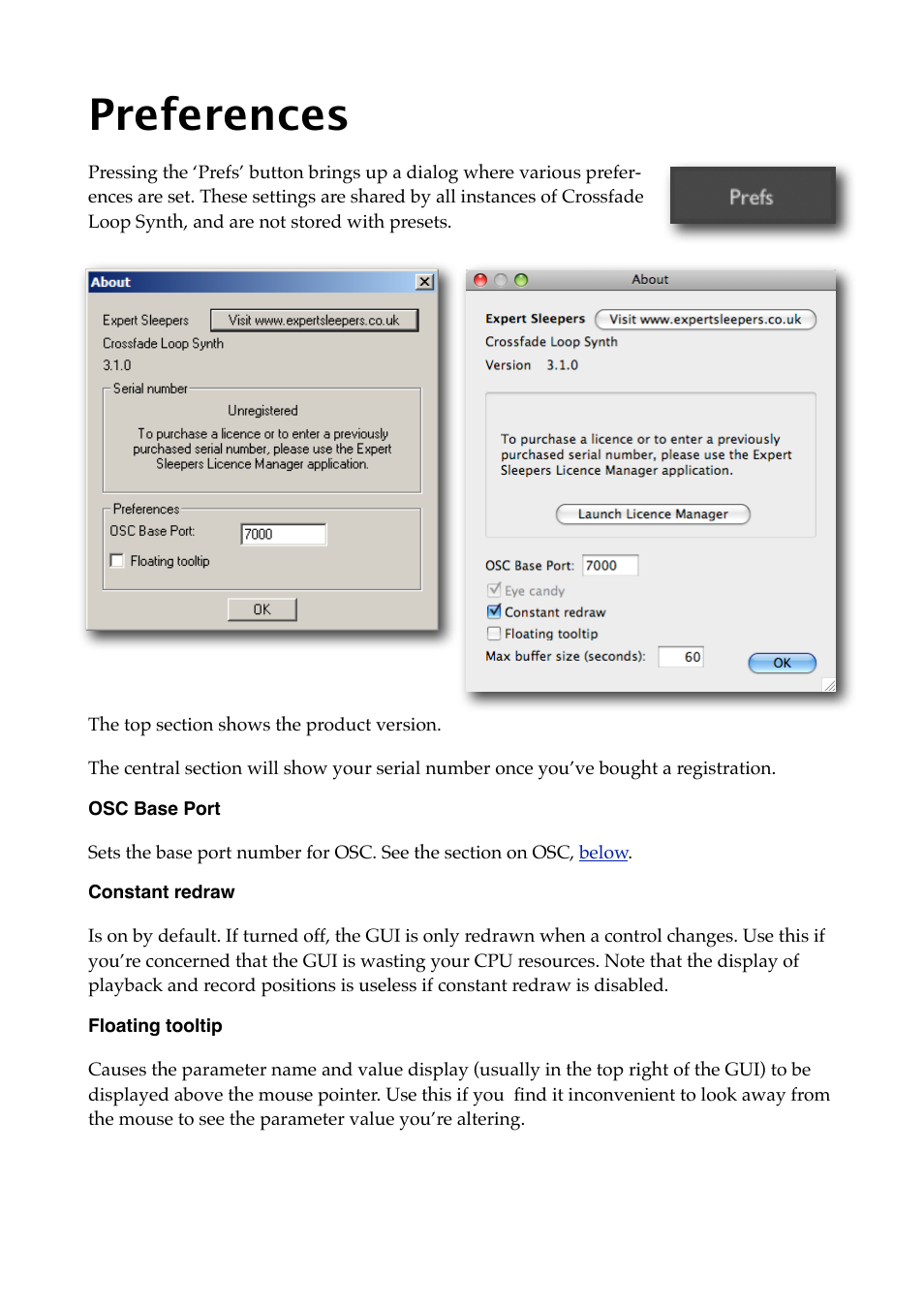 Preferences, Osc base port, Constant redraw | Floating tooltip | Expert Sleepers Crossfade Loop Synth v3.2.0 User Manual | Page 19 / 38