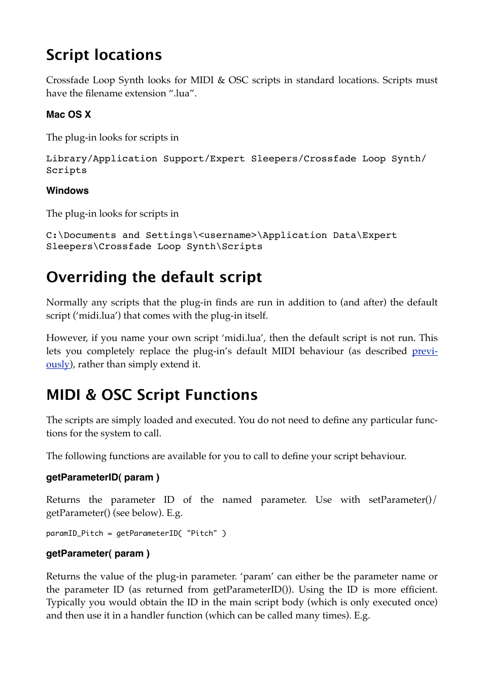 Script locations, Mac os x, Windows | Overriding the default script, Midi & osc script functions, Getparameterid( param ), Getparameter( param ) | Expert Sleepers Crossfade Loop Synth v3.2.0 User Manual | Page 27 / 38