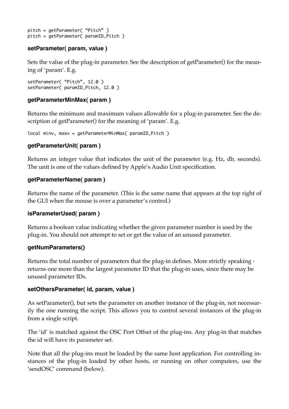 Setparameter( param, value ), Getparameterminmax( param ), Getparameterunit( param ) | Getparametername( param ), Isparameterused( param ), Getnumparameters(), Setothersparameter( id, param, value ) | Expert Sleepers Crossfade Loop Synth v3.2.0 User Manual | Page 28 / 38