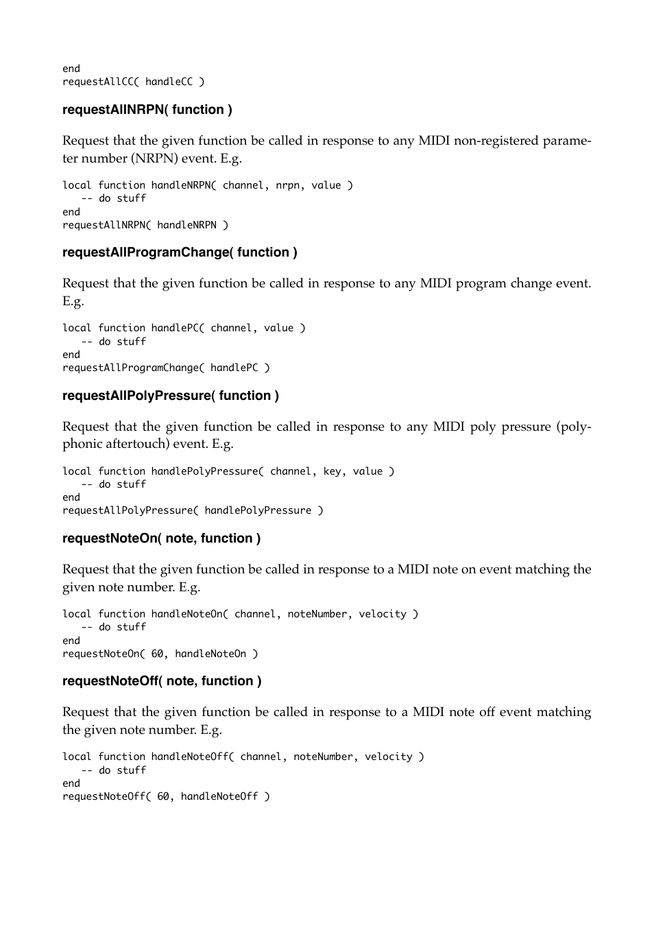 Requestallnrpn( function ), Requestallprogramchange( function ), Requestallpolypressure( function ) | Requestnoteon( note, function ), Requestnoteoff( note, function ) | Expert Sleepers Crossfade Loop Synth v3.2.0 User Manual | Page 30 / 38