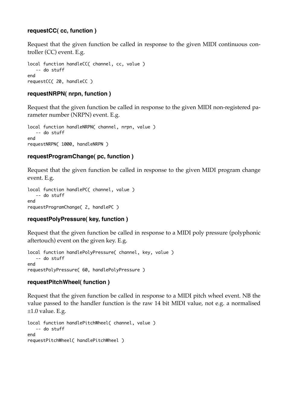 Requestcc( cc, function ), Requestnrpn( nrpn, function ), Requestprogramchange( pc, function ) | Requestpolypressure( key, function ), Requestpitchwheel( function ) | Expert Sleepers Crossfade Loop Synth v3.2.0 User Manual | Page 31 / 38