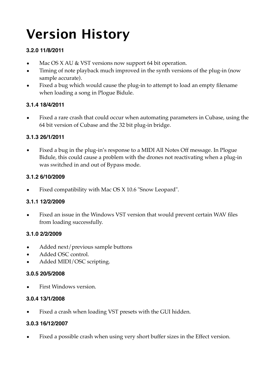 Version history | Expert Sleepers Crossfade Loop Synth v3.2.0 User Manual | Page 33 / 38