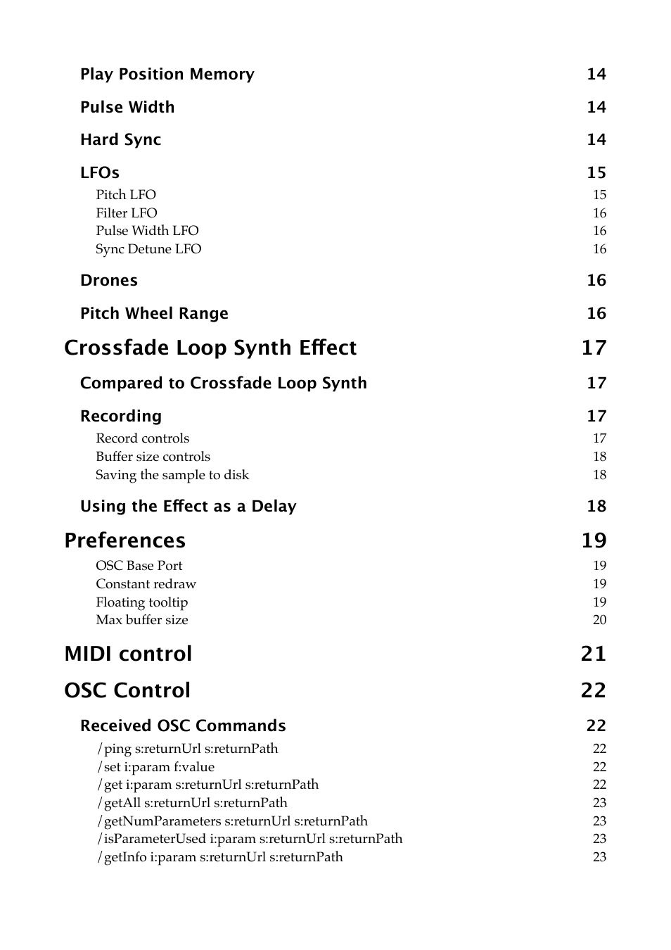 Crossfade loop synth effect 17, Preferences 19, Midi control 21 osc control 22 | Expert Sleepers Crossfade Loop Synth v3.2.0 User Manual | Page 4 / 38