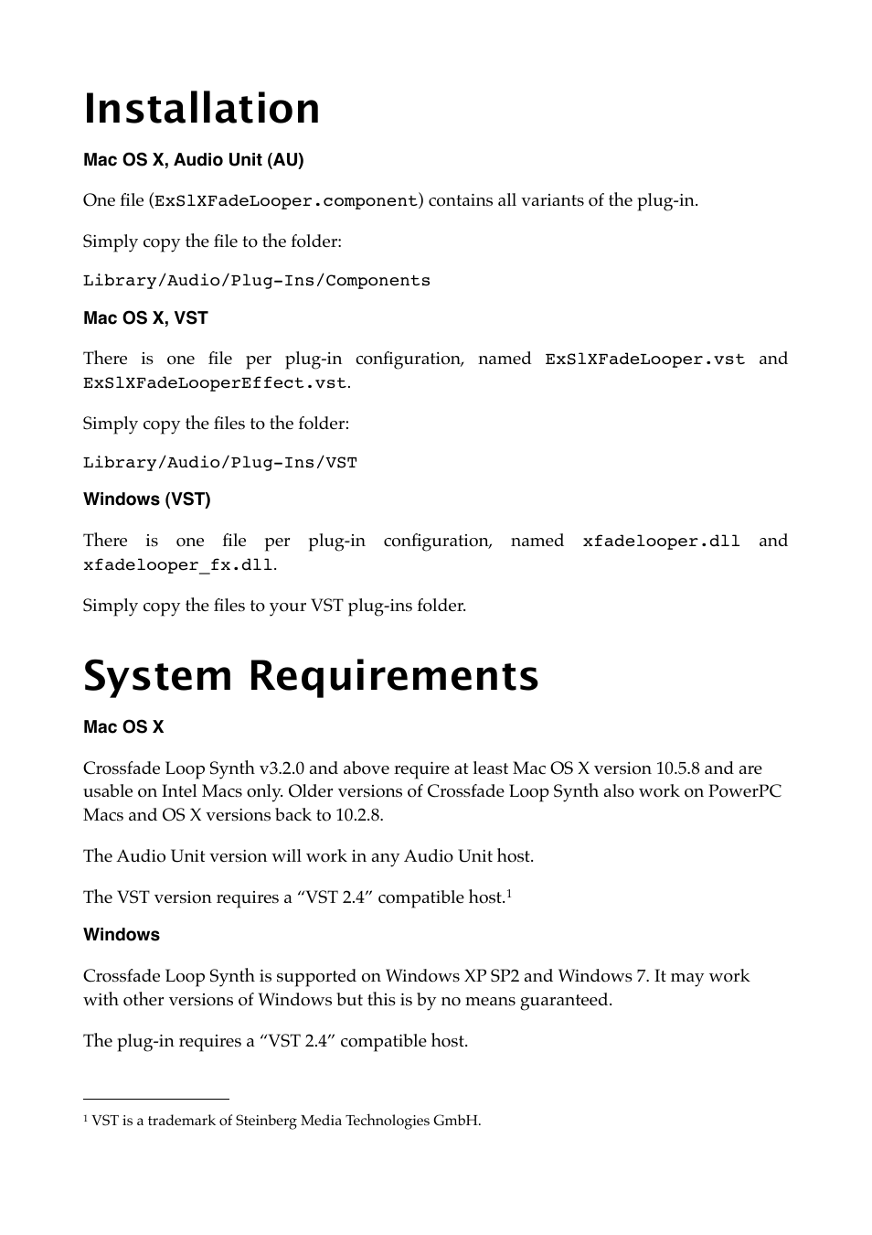 Installation, Mac os x, audio unit (au), Mac os x, vst | Windows (vst), System requirements, Mac os x, Windows | Expert Sleepers Crossfade Loop Synth v3.2.0 User Manual | Page 8 / 38