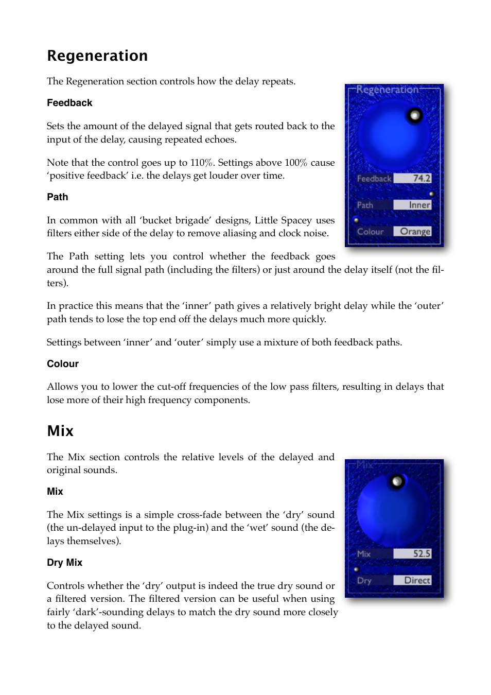 Regeneration, Feedback, Path | Colour, Dry mix | Expert Sleepers Little Spacey v1.1.0 User Manual | Page 13 / 23