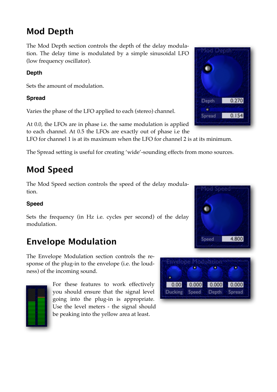 Mod depth, Depth, Spread | Mod speed, Speed, Envelope modulation | Expert Sleepers Little Spacey v1.1.0 User Manual | Page 14 / 23