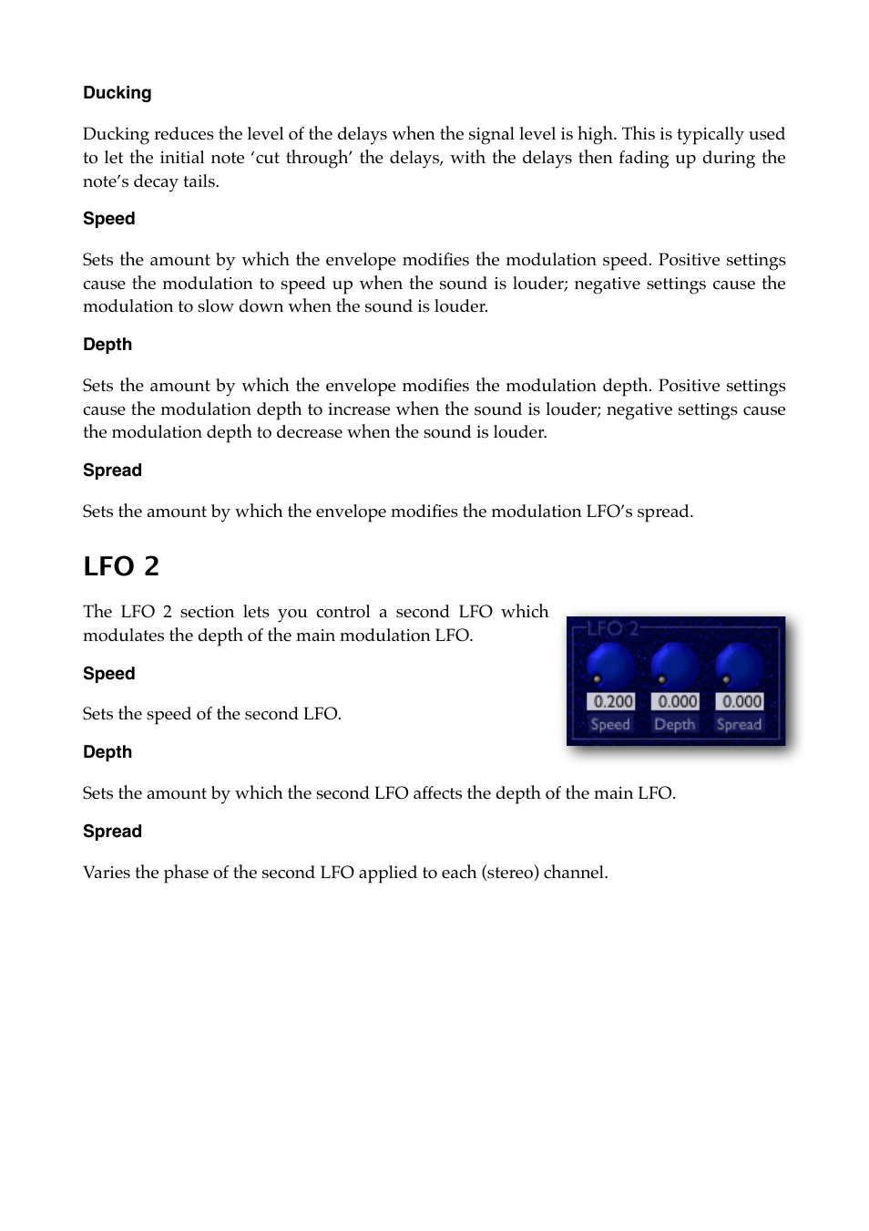 Ducking, Speed, Depth | Spread, Lfo 2 | Expert Sleepers Little Spacey v1.1.0 User Manual | Page 15 / 23