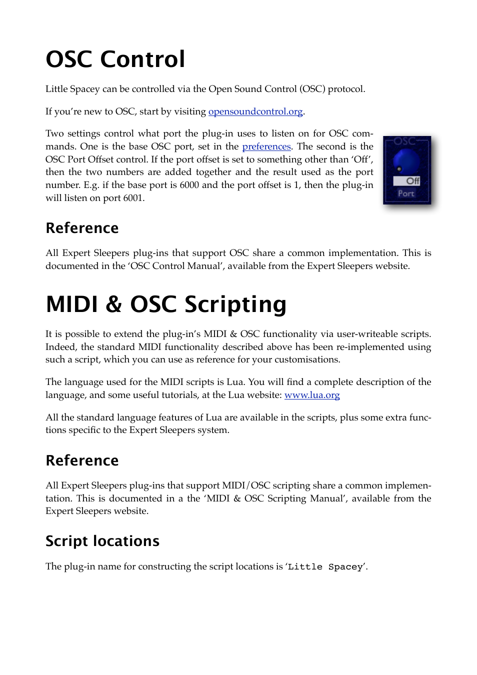 Osc control, Reference, Midi & osc scripting | Script locations | Expert Sleepers Little Spacey v1.1.0 User Manual | Page 18 / 23
