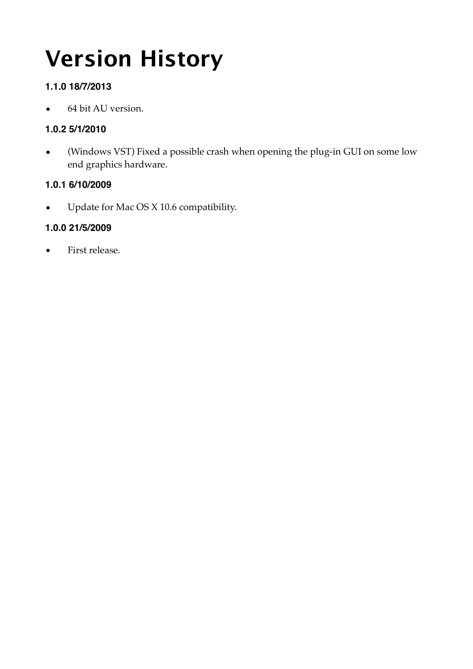 Version history | Expert Sleepers Little Spacey v1.1.0 User Manual | Page 19 / 23