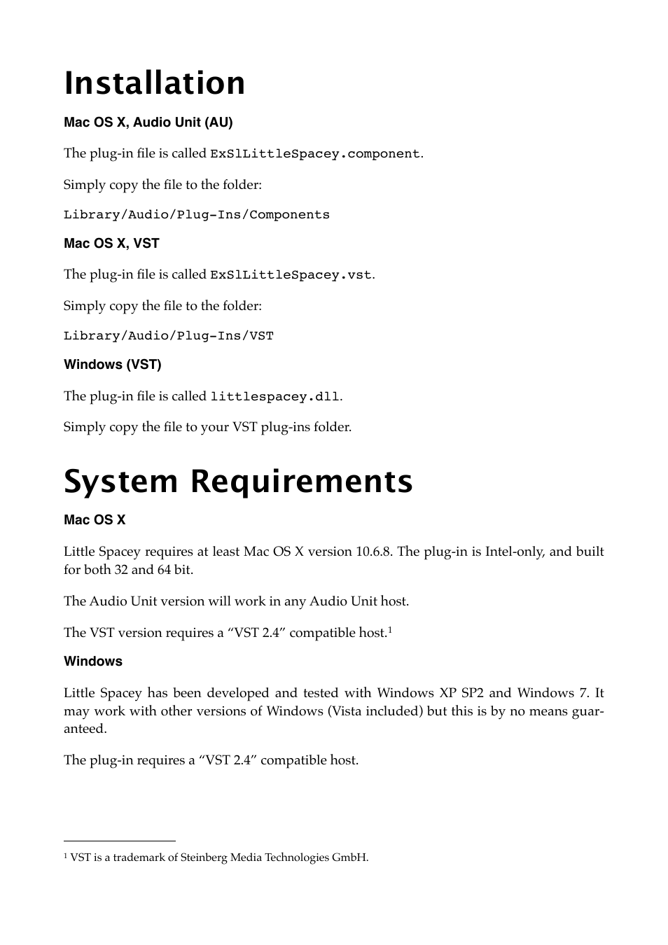 Installation, Mac os x, audio unit (au), Mac os x, vst | Windows (vst), System requirements, Mac os x, Windows | Expert Sleepers Little Spacey v1.1.0 User Manual | Page 7 / 23