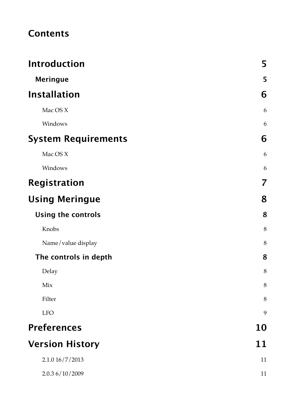 Contents introduction 5, Installation 6, System requirements 6 | Registration 7 using meringue 8, Preferences 10 version history 11 | Expert Sleepers Meringue v2.1.0 User Manual | Page 3 / 12