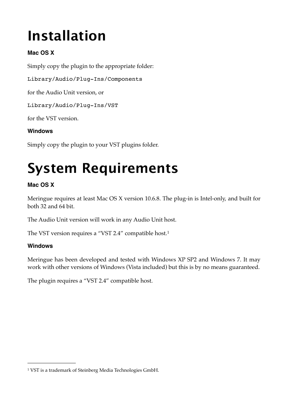 Installation, Mac os x, Windows | System requirements | Expert Sleepers Meringue v2.1.0 User Manual | Page 6 / 12