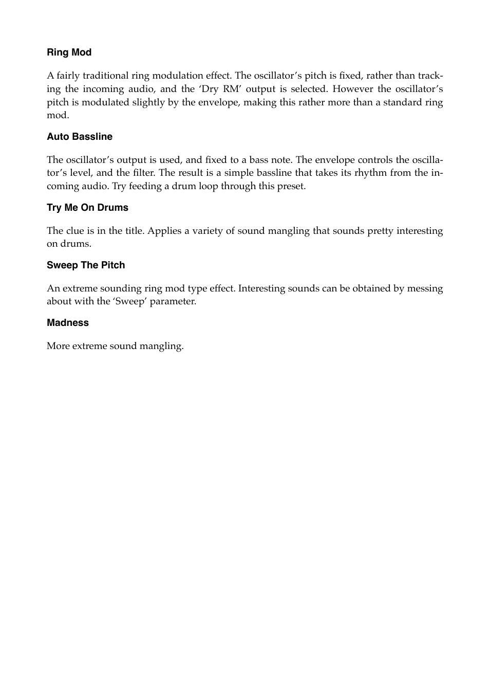 Ring mod, Auto bassline, Try me on drums | Sweep the pitch, Madness | Expert Sleepers Oomingmak v1.1.0 User Manual | Page 12 / 38