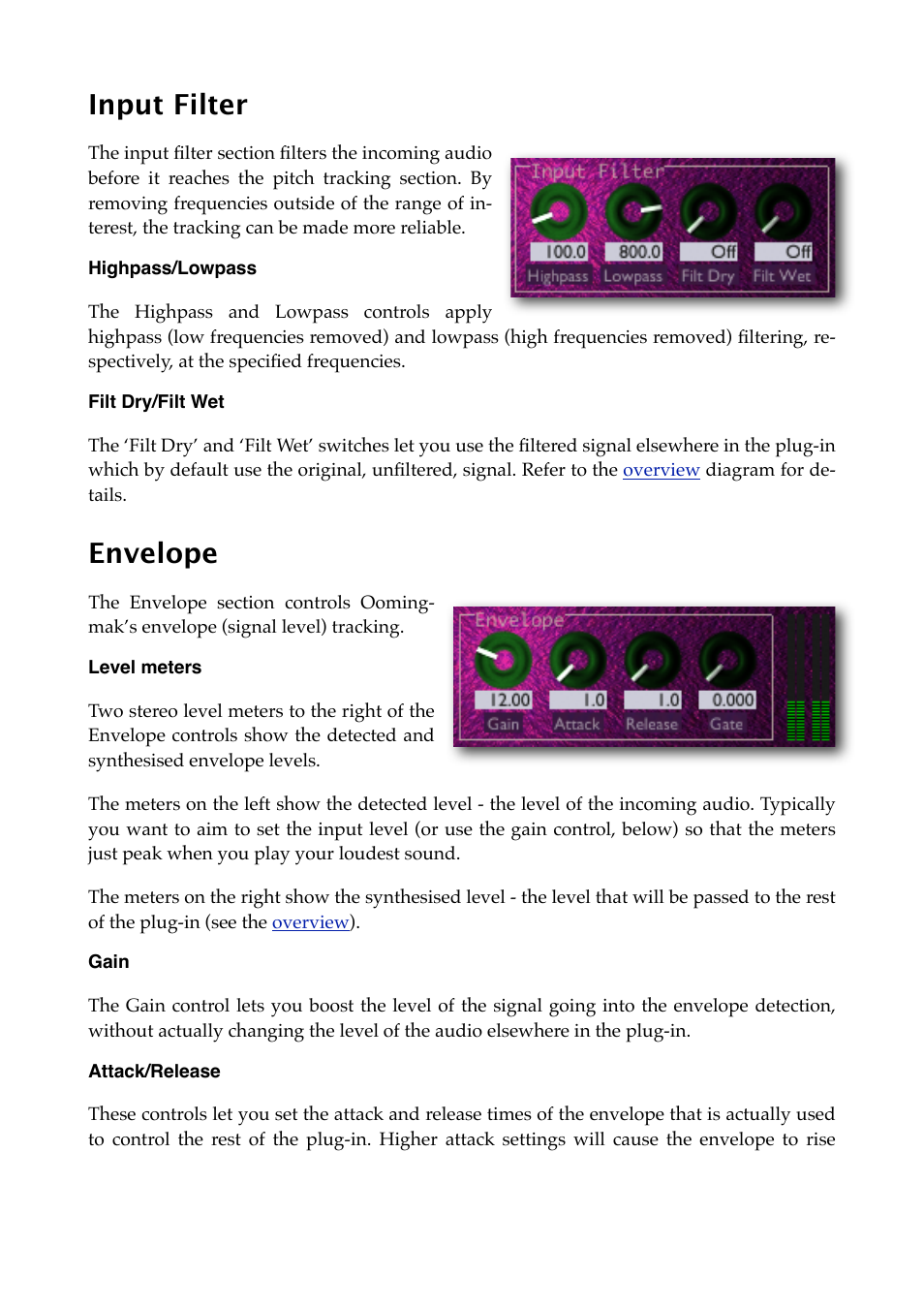 Input filter, Highpass/lowpass, Filt dry/filt wet | Envelope, Level meters, Gain, Attack/release | Expert Sleepers Oomingmak v1.1.0 User Manual | Page 15 / 38
